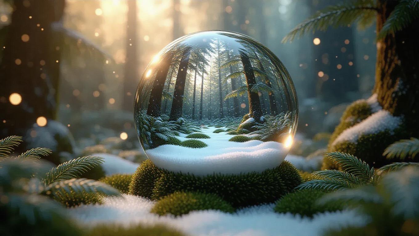 A whimsical depiction of a snow globe in a magical forest style, where ...