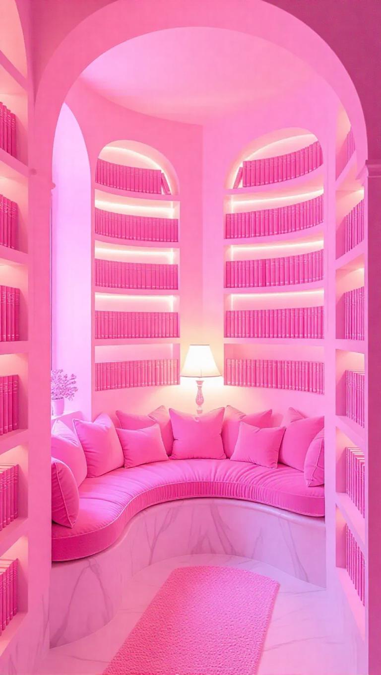 Light Pink Library A whimsical pink world where a library is filled with books that glow ...