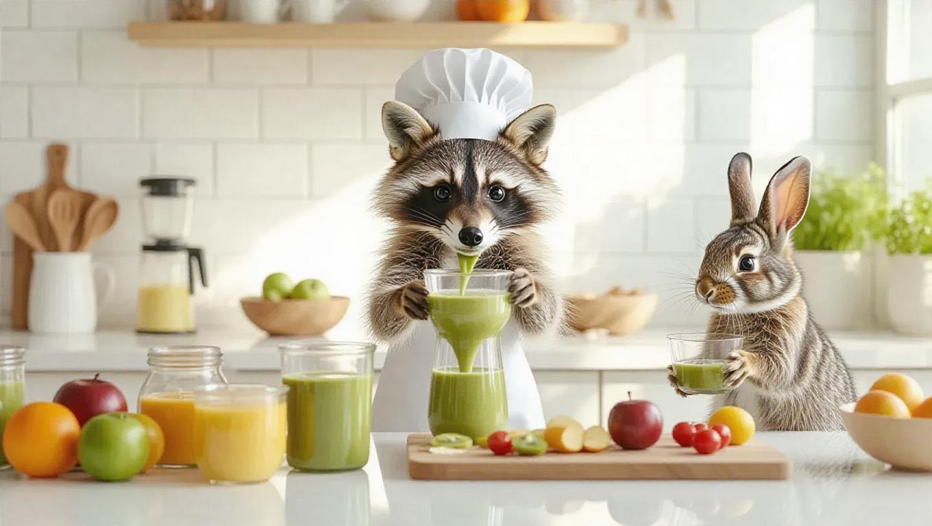 Animal chefs in a minimalistic, clean kitchen. Fox wearing a chef hat ...