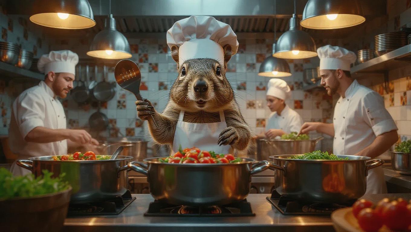 Animal chefs in a busy, crowded kitchen. Squirrel wearing a chef hat ...