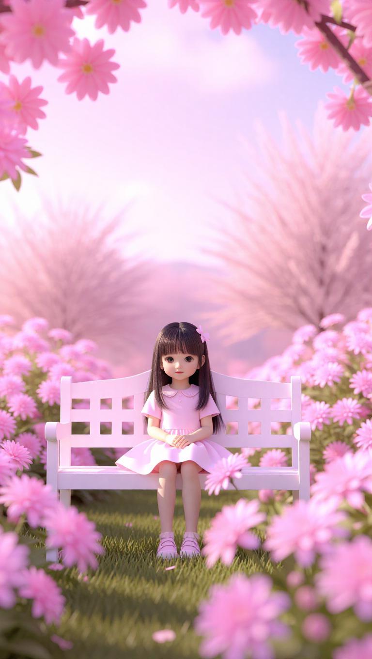 A gentle pink world where a little girl is sitting on a white bench in ...
