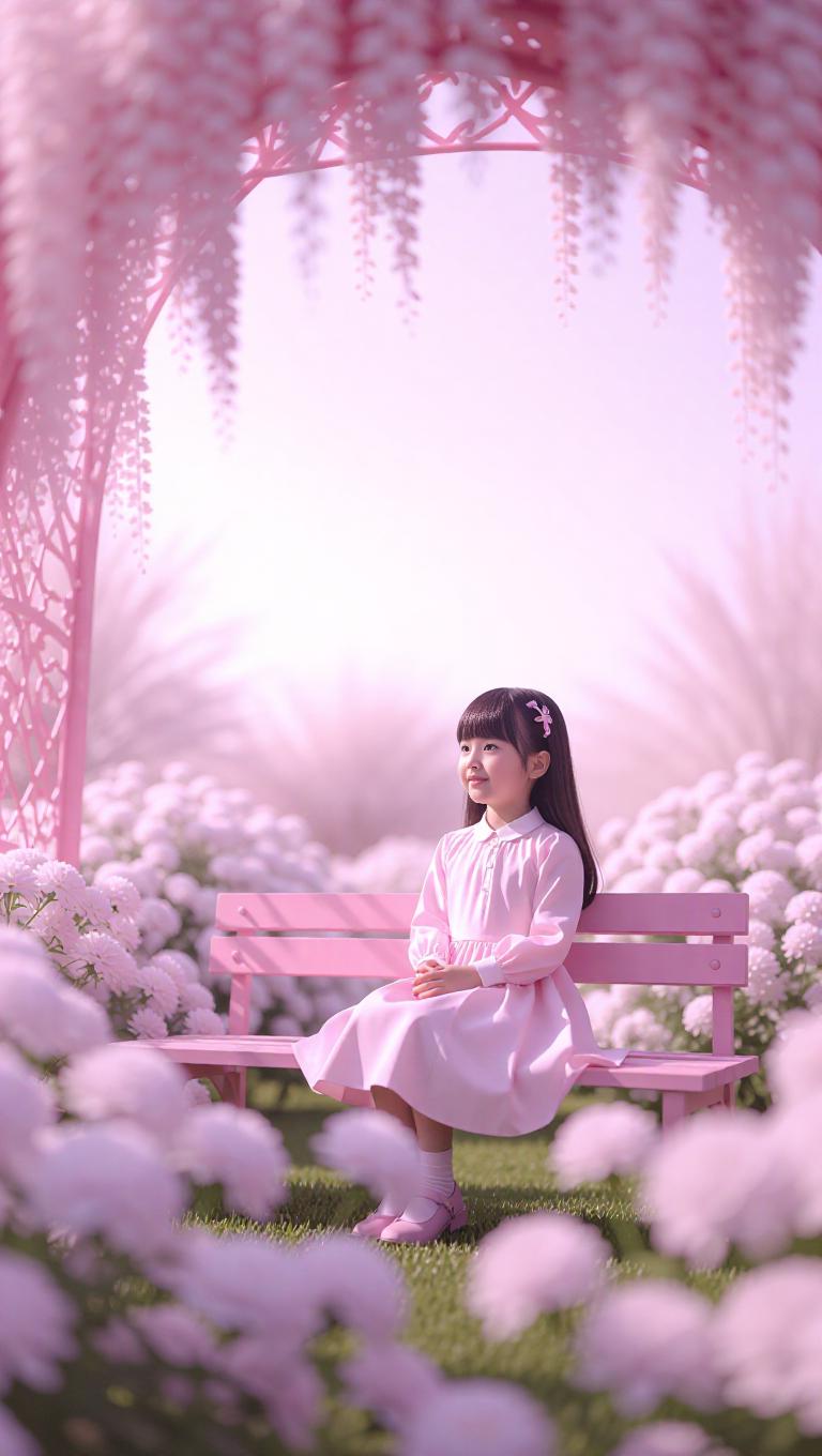 A gentle pink world where a little girl is sitting on a pink bench in a ...