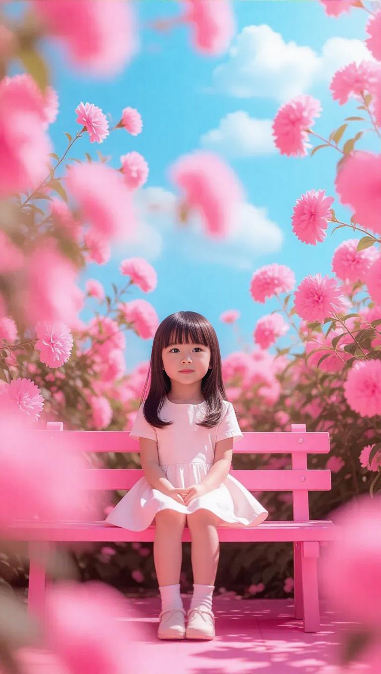 A gentle pink world where a little girl is sitting on a pink bench in a ...
