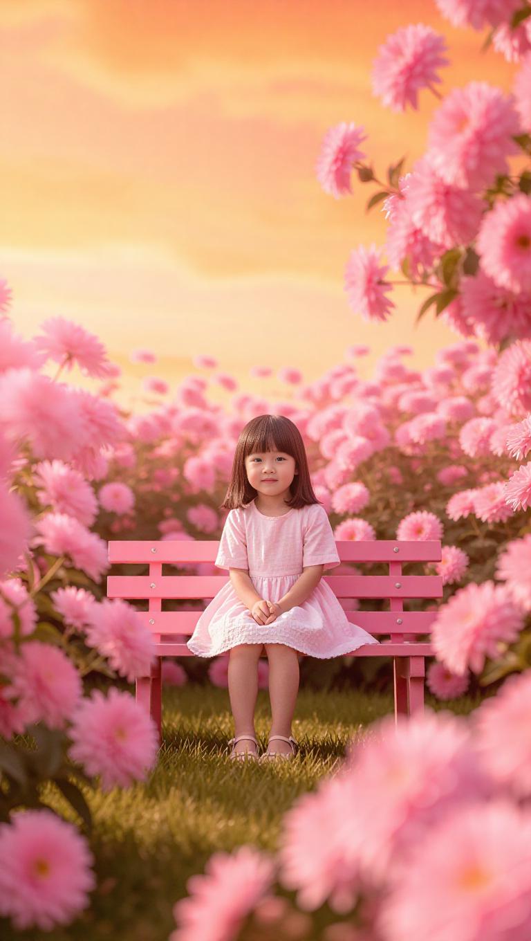 A gentle pink world where a little girl is sitting on a pink bench in a ...