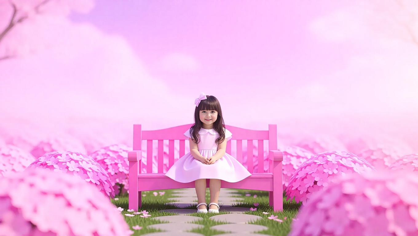 A gentle pink world where a little girl is sitting on a pink bench in a ...