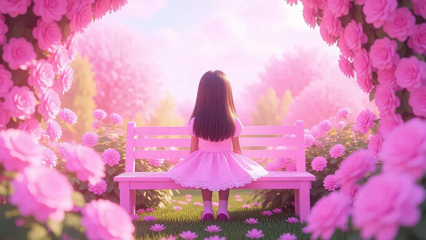 A gentle pink world where a little girl is sitting on a pink bench in a ...