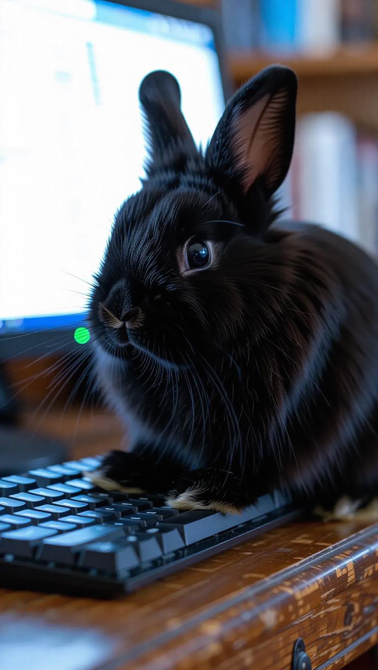An adventurous fluffy black rabbit jumps onto a vintage oak desk, its ...