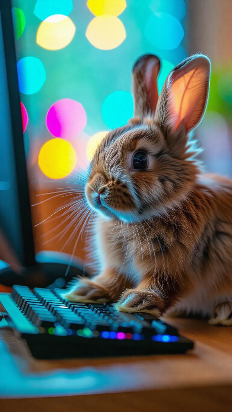 Fluffy Tan Rabbit A lively fluffy tan rabbit sits at a colorful desk, its paws ...