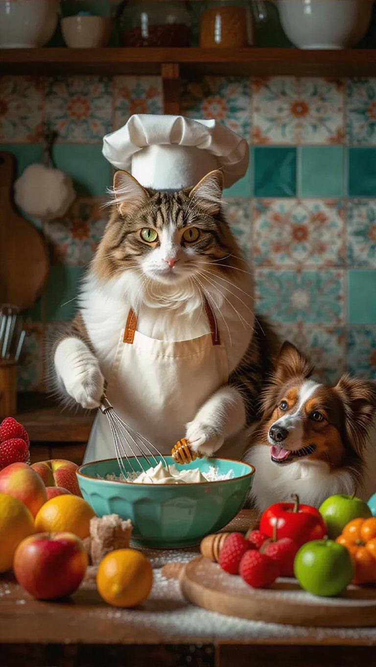 Animal chefs in a bright, tidy kitchen. Cat wearing an apron, whisking ...