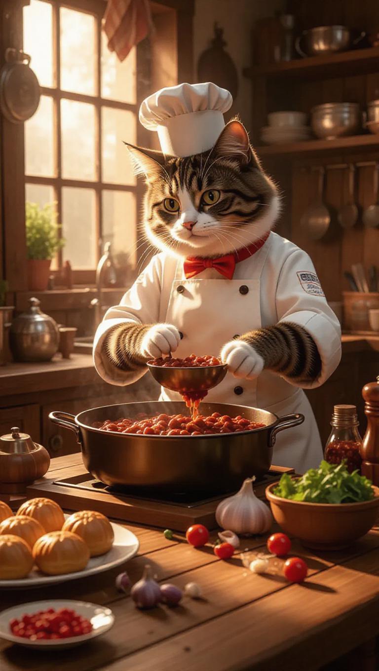 Animal cooks in a rustic, cluttered kitchen. Cat in a toque, mixing a ...