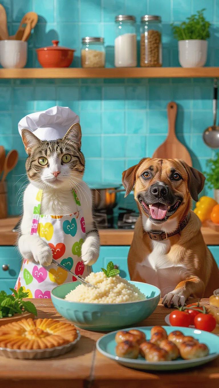 Animal chefs in a playful, contemporary kitchen. Cat sporting a ...