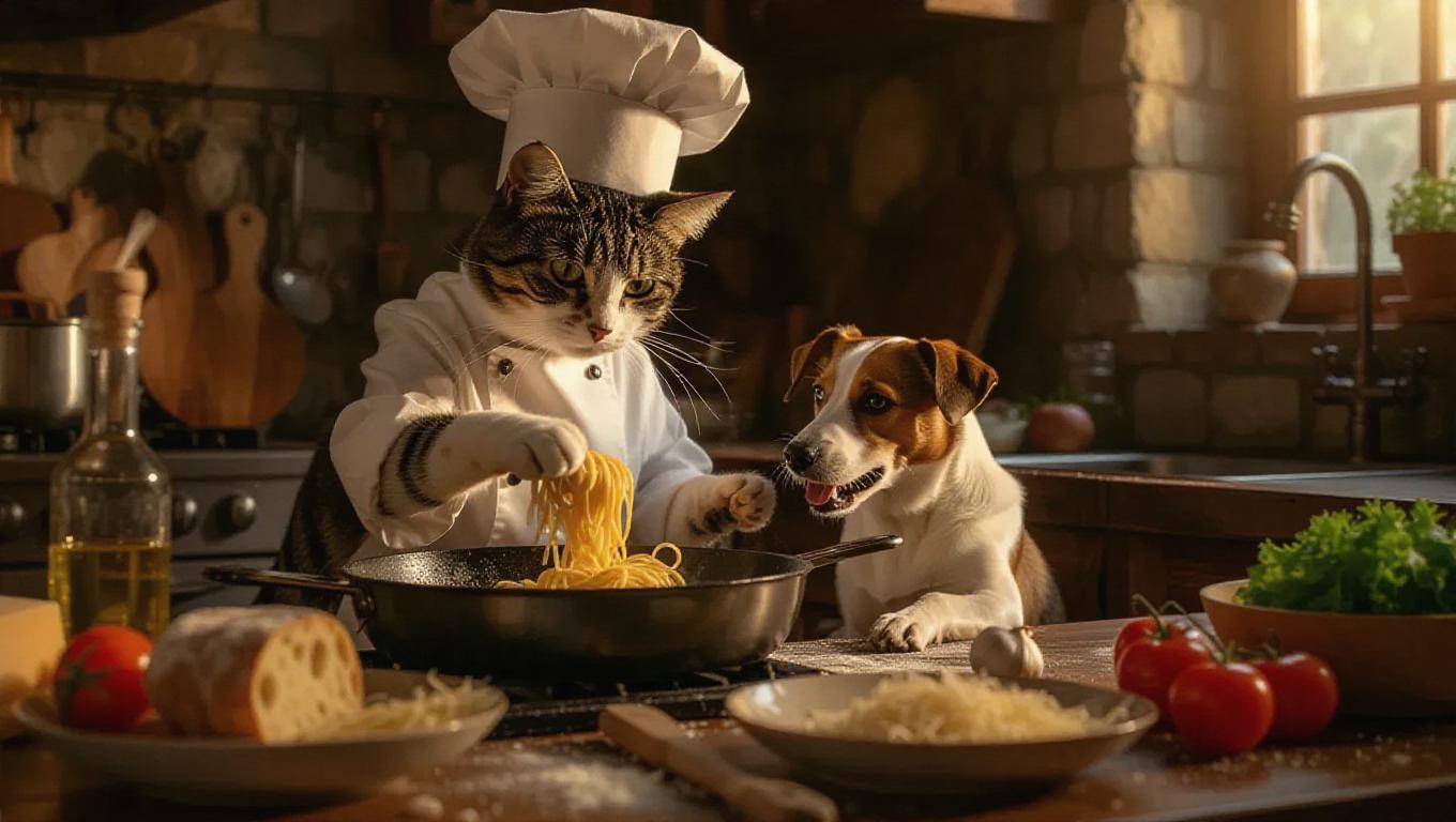 Animal cooks in a traditional, rustic kitchen. Cat in a classic chef ...
