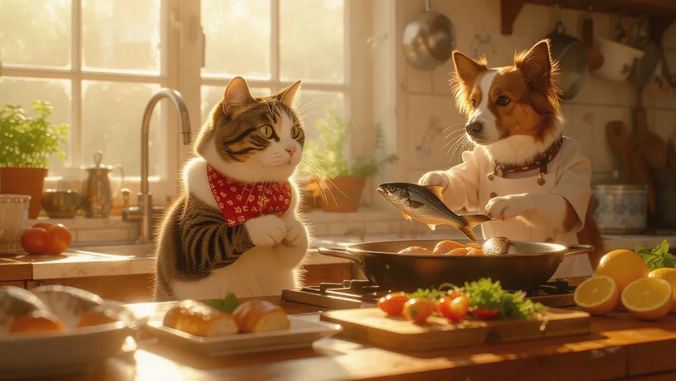 Animal chefs in a bright, airy kitchen. Cat wearing a stylish bandana ...