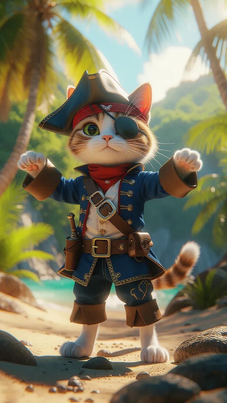 A 3D cat wearing a pirate outfit and eye patch, standing upright on two ...