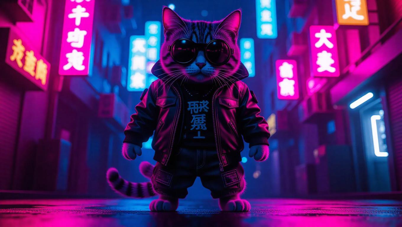 A 3D cat wearing a cyberpunk jacket and goggles, standing upright on ...