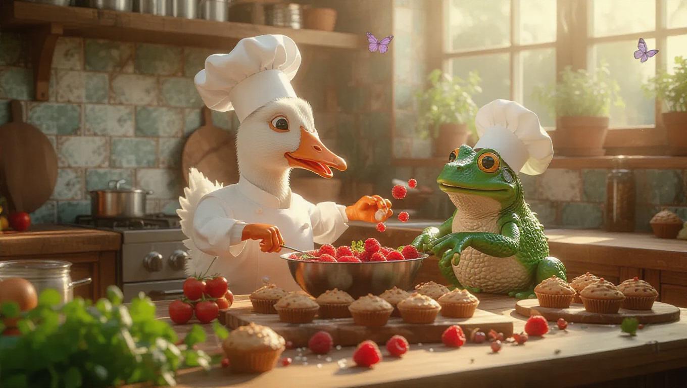 Animal chefs in a sunny, outdoor kitchen. Goose wearing a bright chef ...