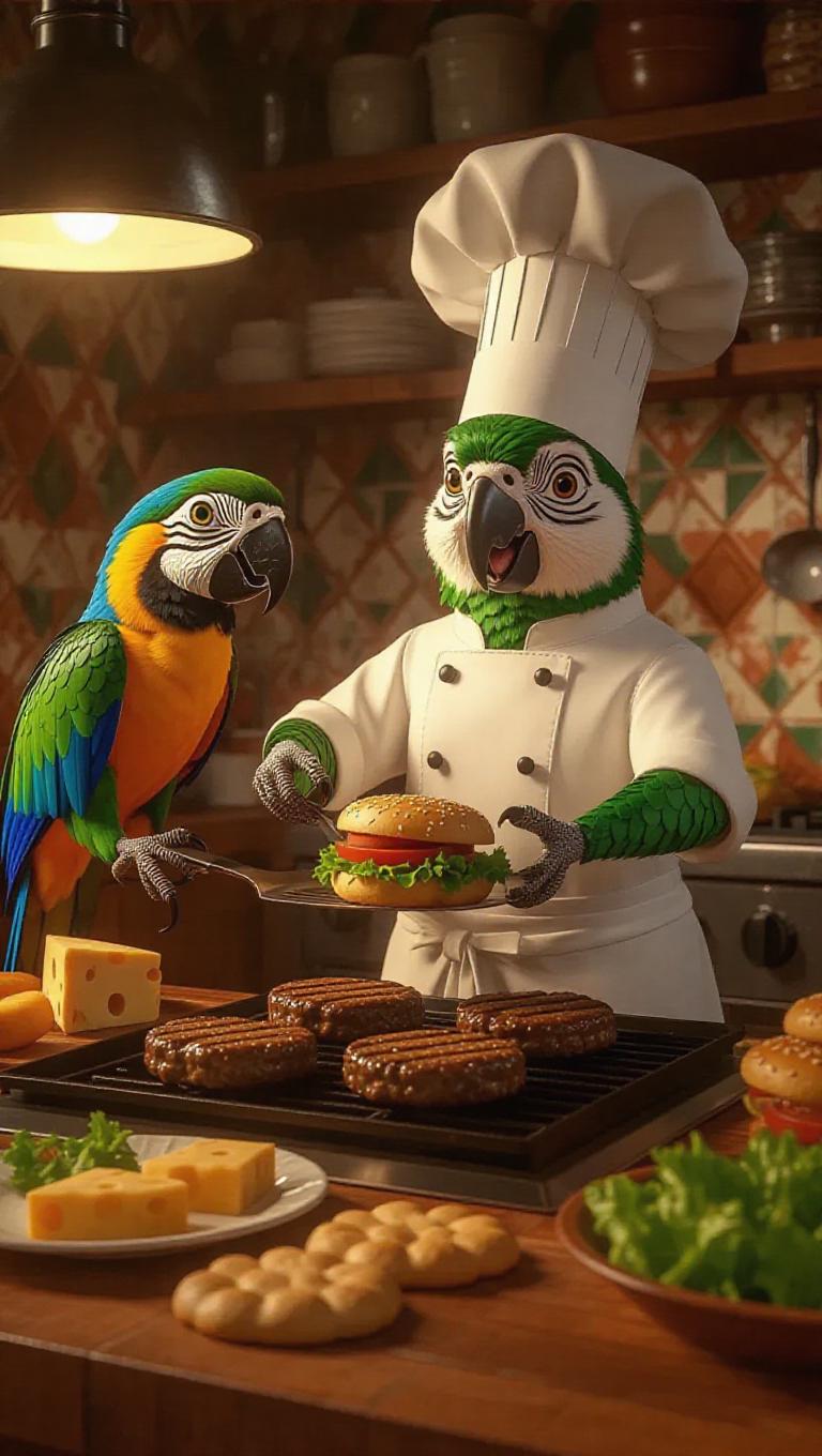 Animal chefs in a cheerful, open kitchen. Parrot in a chef hat flipping ...