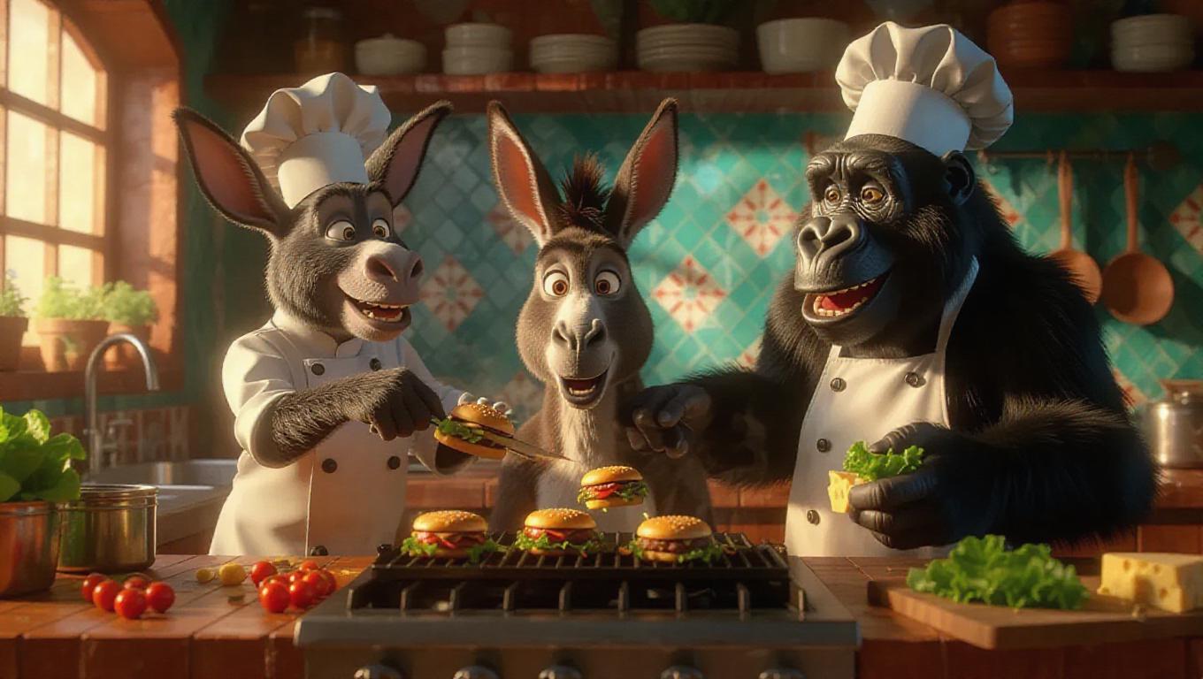 Animal chefs in a charming, artistic kitchen. Donkey in a chef hat ...