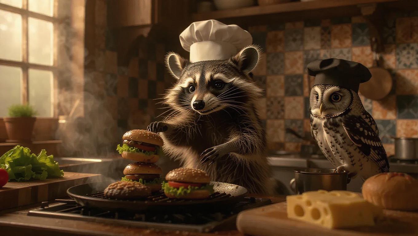 Animal chefs in a cozy, vintage kitchen. Raccoon in a chef hat flipping ...
