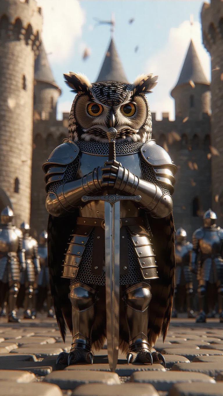 A 3D owl image wearing a knight's armor and helmet, standing upright on ...