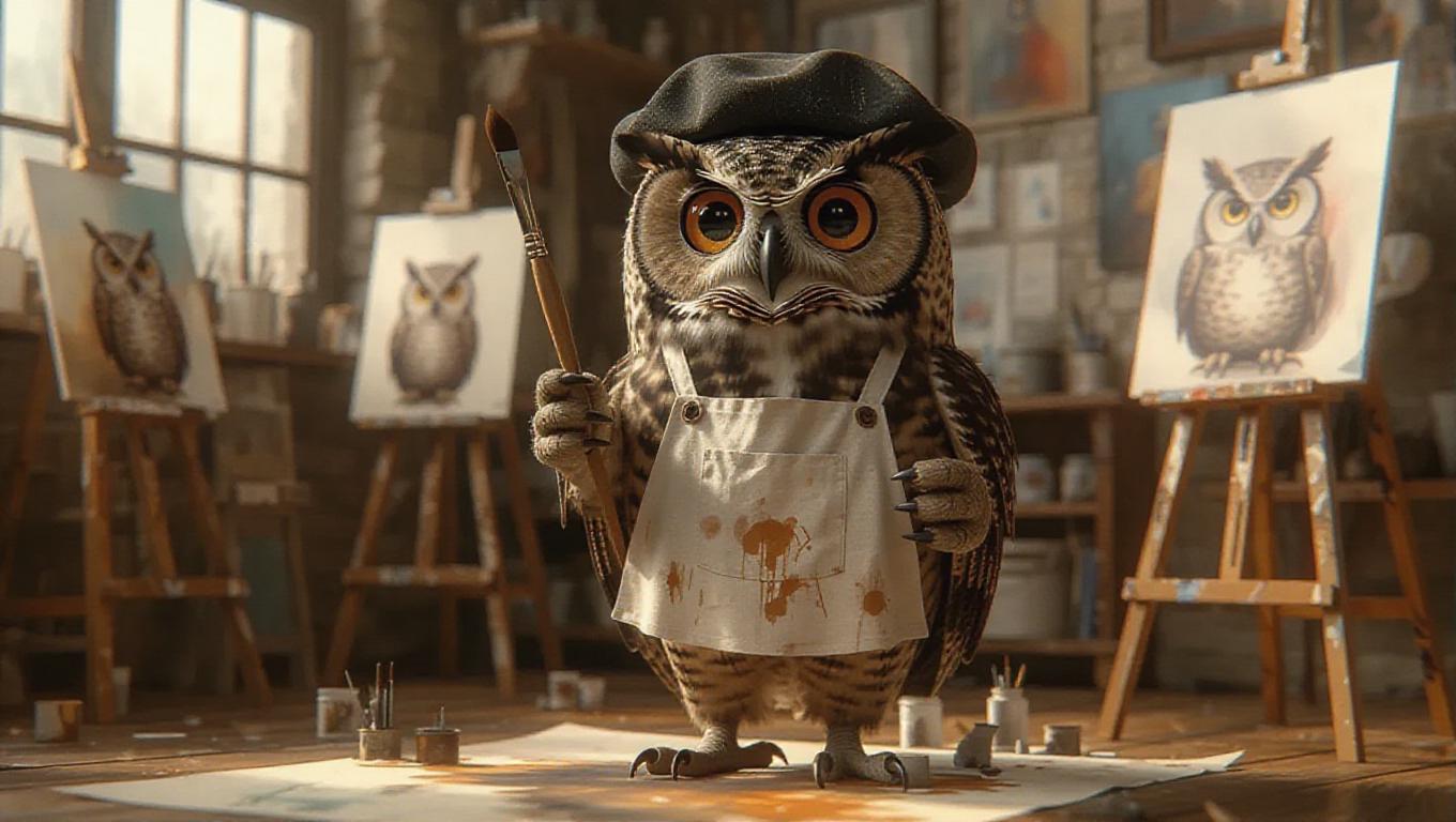 A 3D owl image dressed as an artist with a beret and smock, standing ...