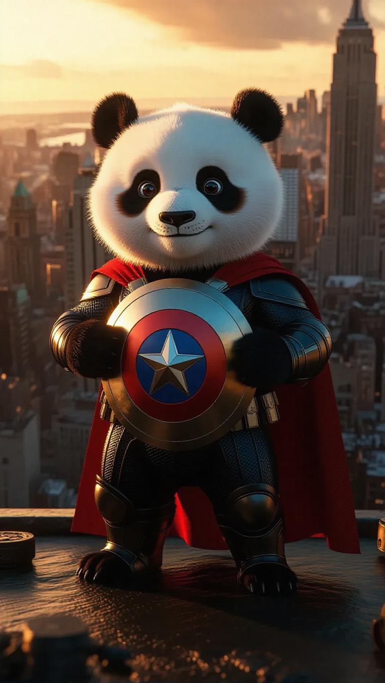 A 3D panda image wearing a superhero costume, standing upright on two ...