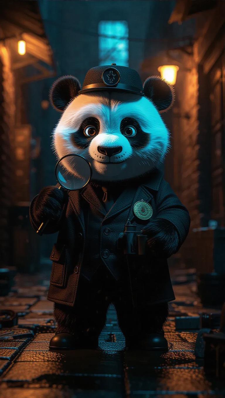 A 3D panda image wearing a detective's outfit, standing upright on two ...