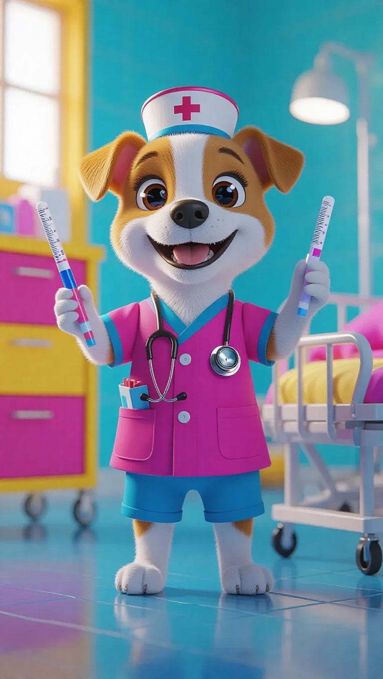 A 3D dog image wearing a colorful nurse's uniform, standing upright on ...