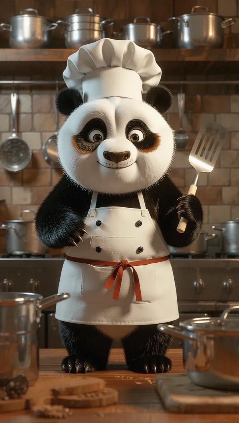 A 3D panda image wearing a chef's hat and apron, standing upright on ...
