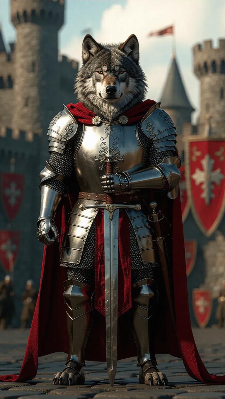 A 3D wolf image dressed as a knight in armor, standing upright on two ...