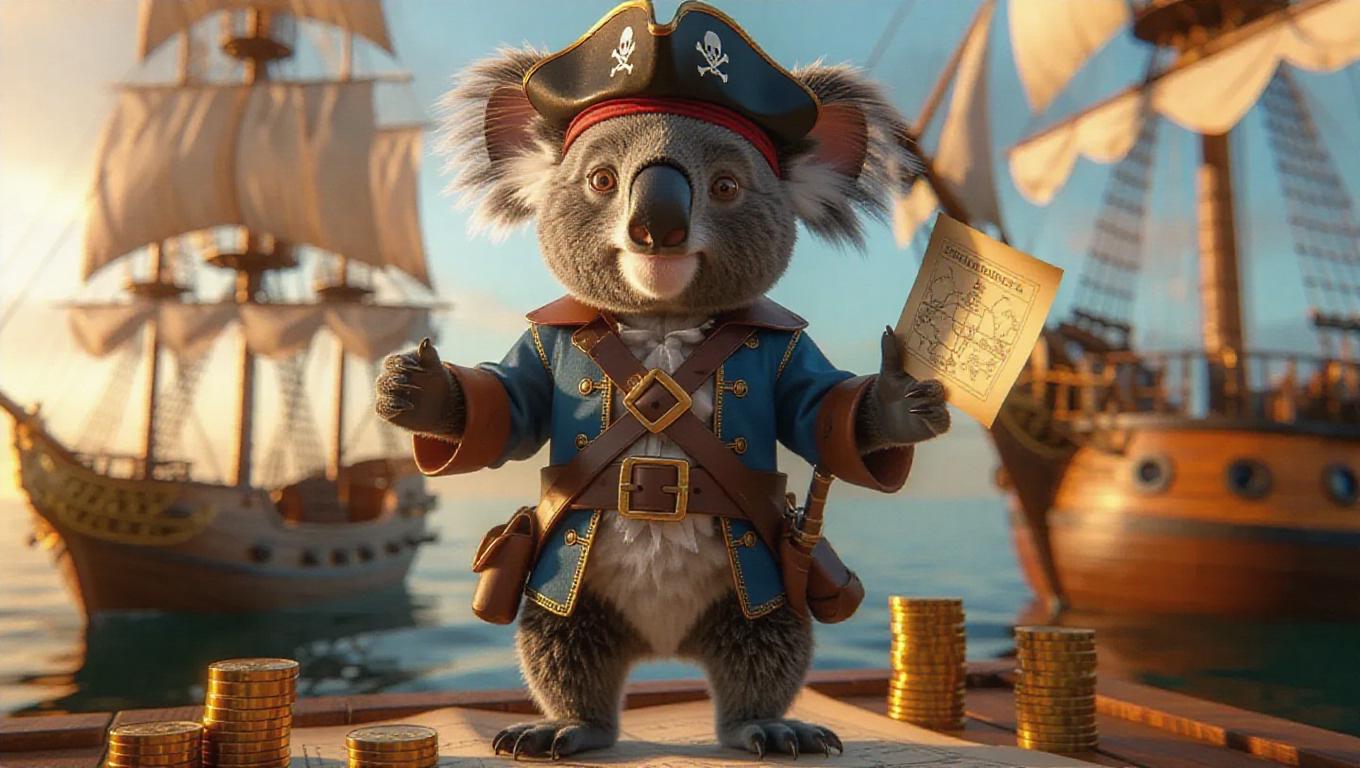 A 3D koala image wearing a pirate's outfit and hat, standing upright on ...