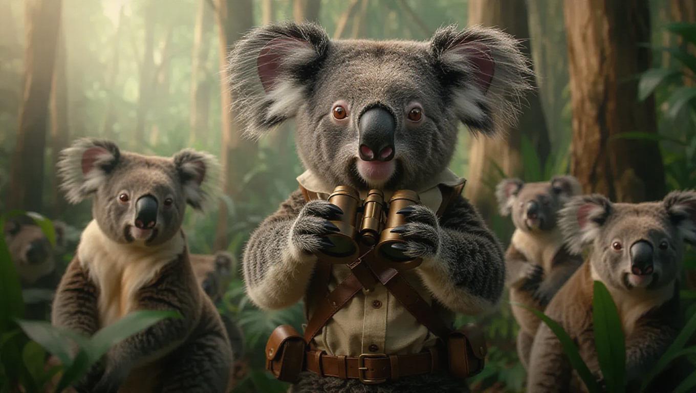 A 3D koala image wearing a vintage explorer's outfit, standing upright ...