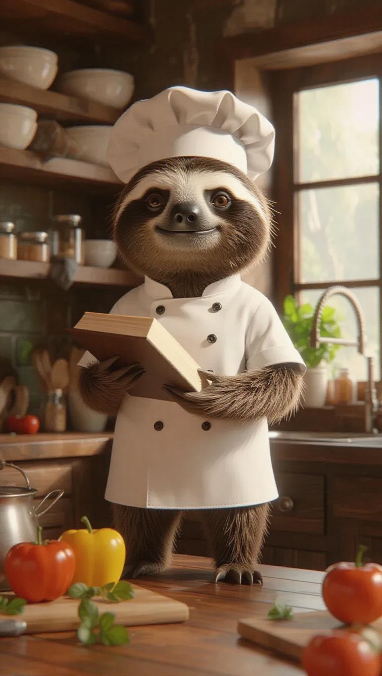 A 3D sloth image wearing a chef's uniform, standing upright on two legs ...
