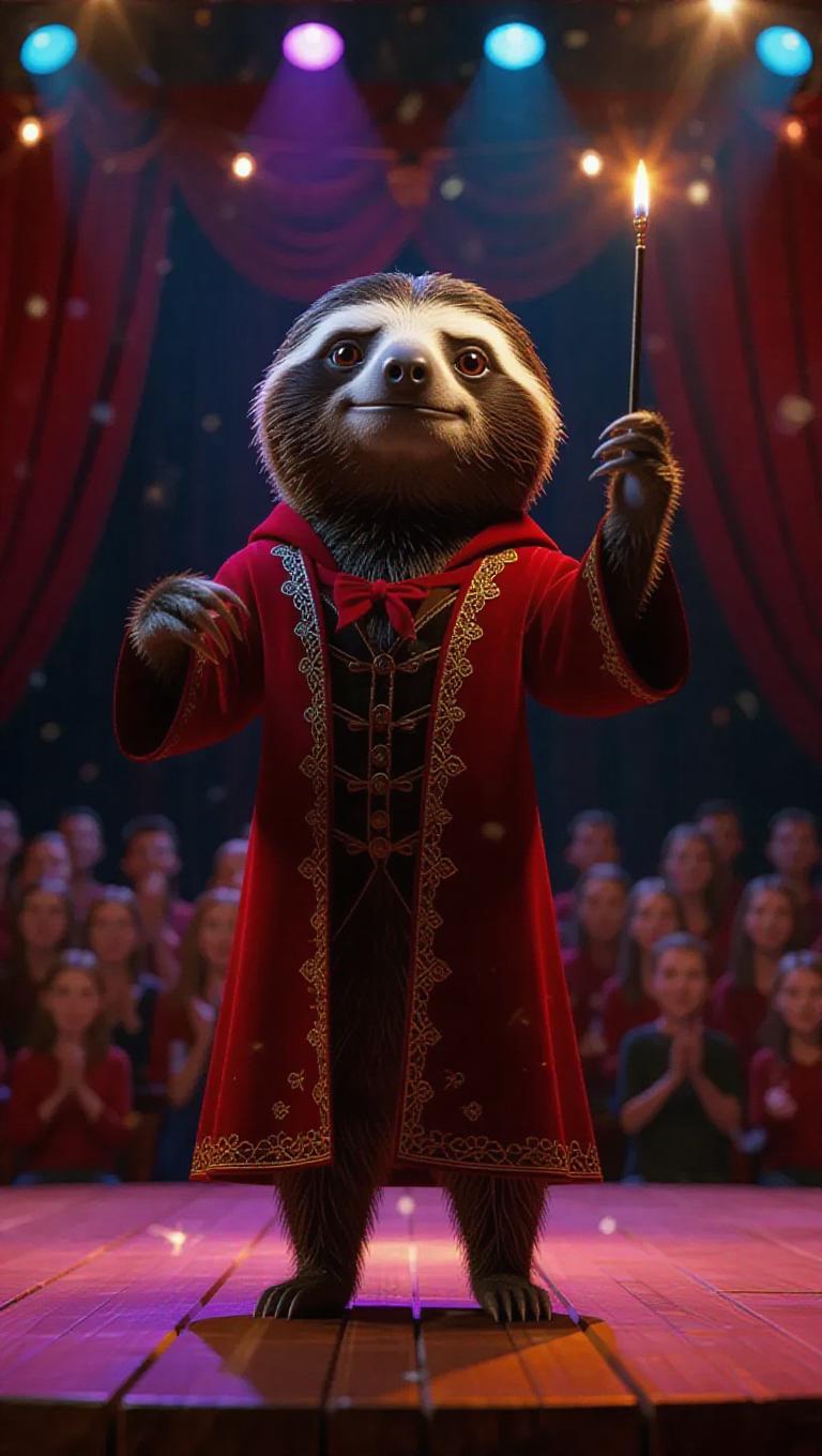 A 3D sloth image wearing a magician's robe, standing upright on two ...