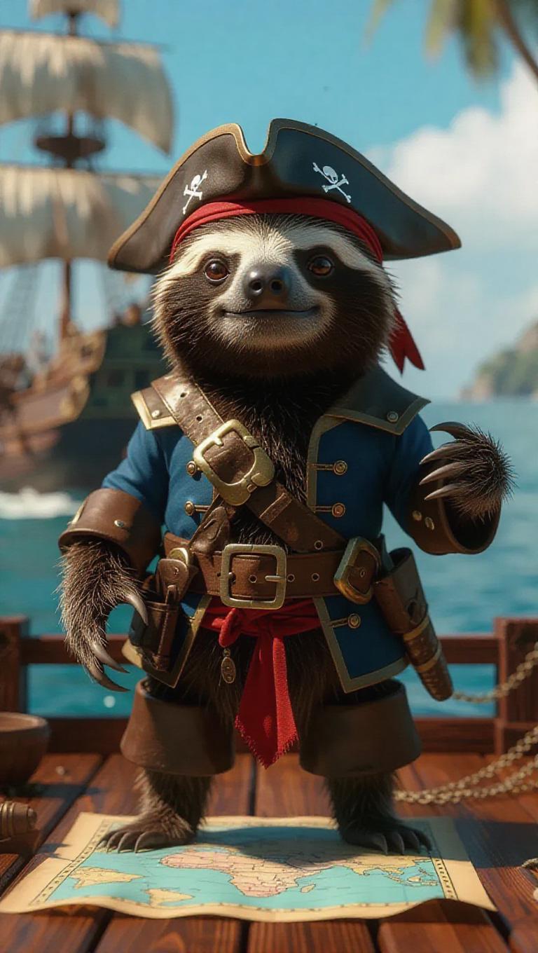 A 3D sloth image wearing a pirate outfit, standing upright on two legs ...
