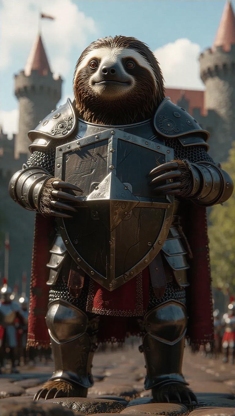 A 3D sloth image wearing a knight's armor, standing upright on two legs ...