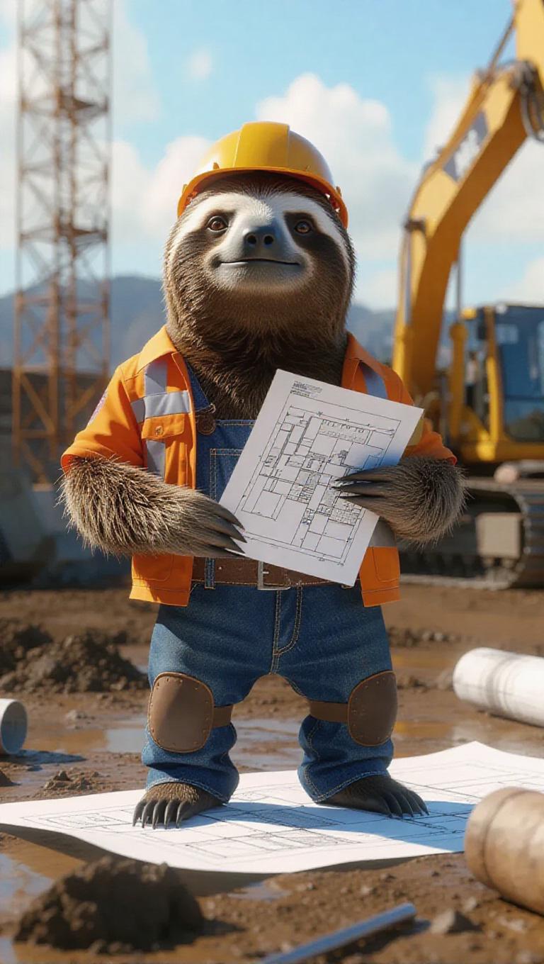 A 3D sloth image wearing a construction worker's outfit, standing ...