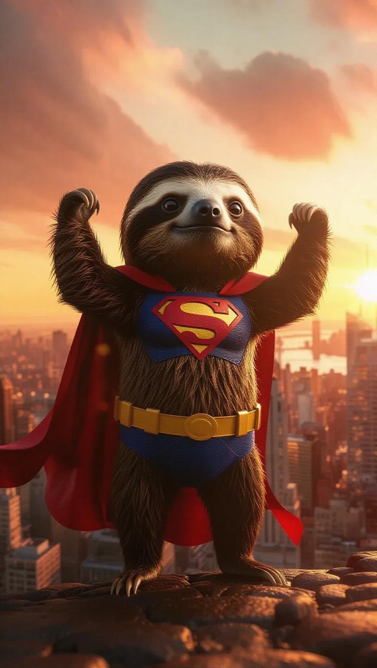 A 3D sloth image wearing a superhero costume, standing upright on two ...