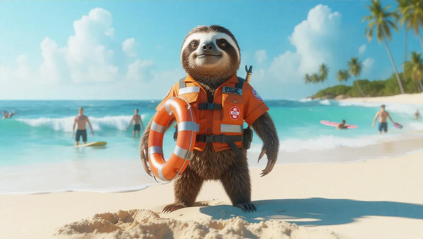 A 3D sloth image wearing a lifeguard's uniform, standing upright on two ...