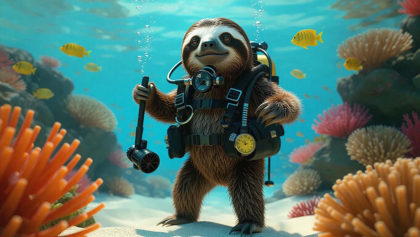 A 3D sloth image wearing a scuba diving suit, standing upright on two ...