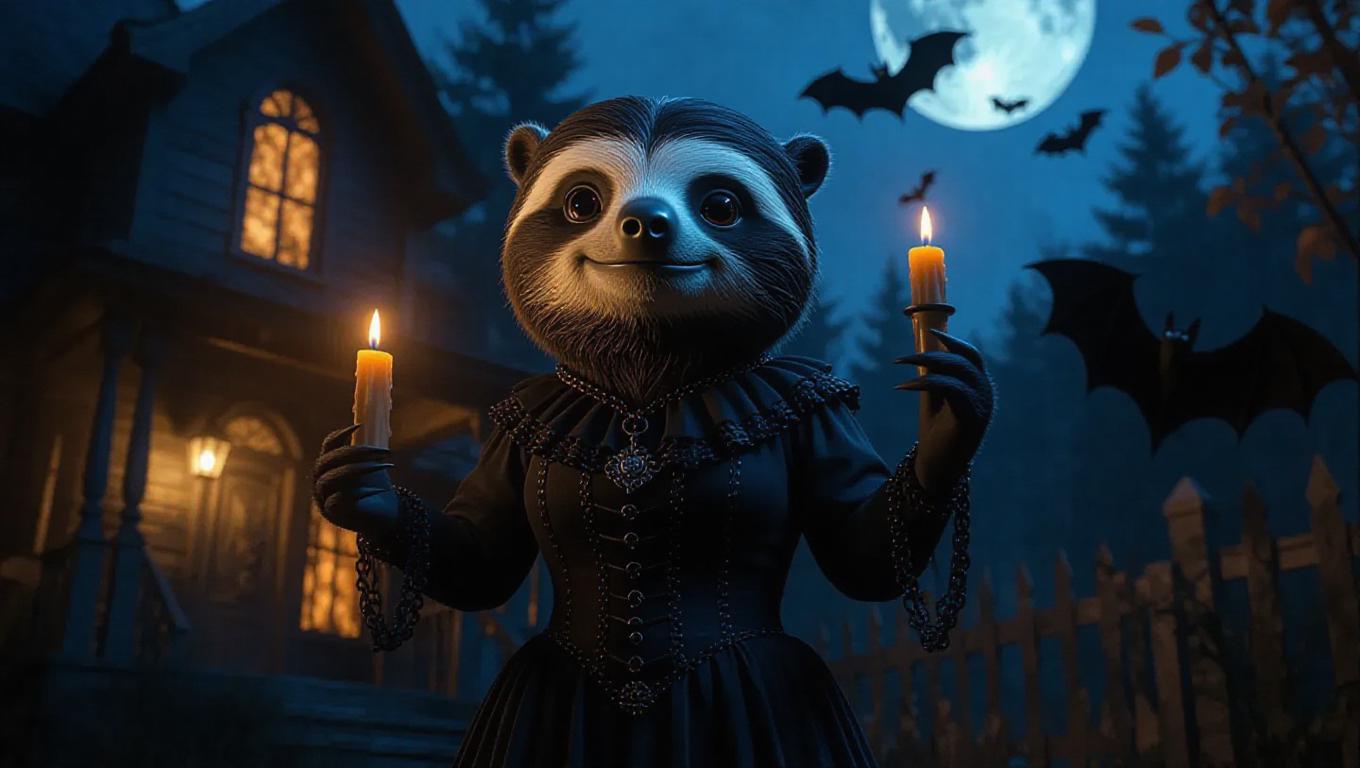 A 3D sloth image wearing a gothic outfit, standing upright on two legs ...
