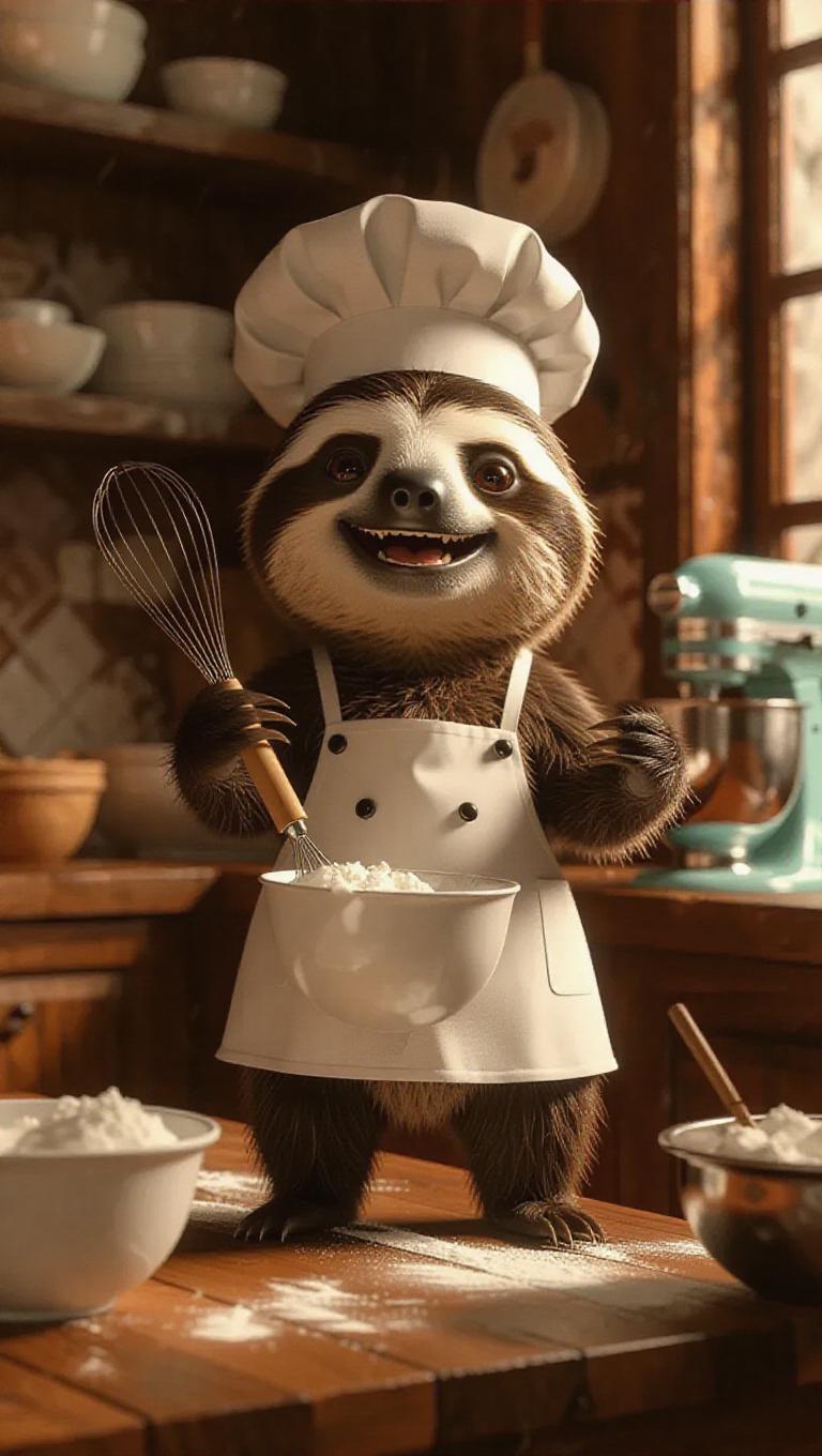 A 3D sloth image wearing a chef's apron and hat, standing upright on ...