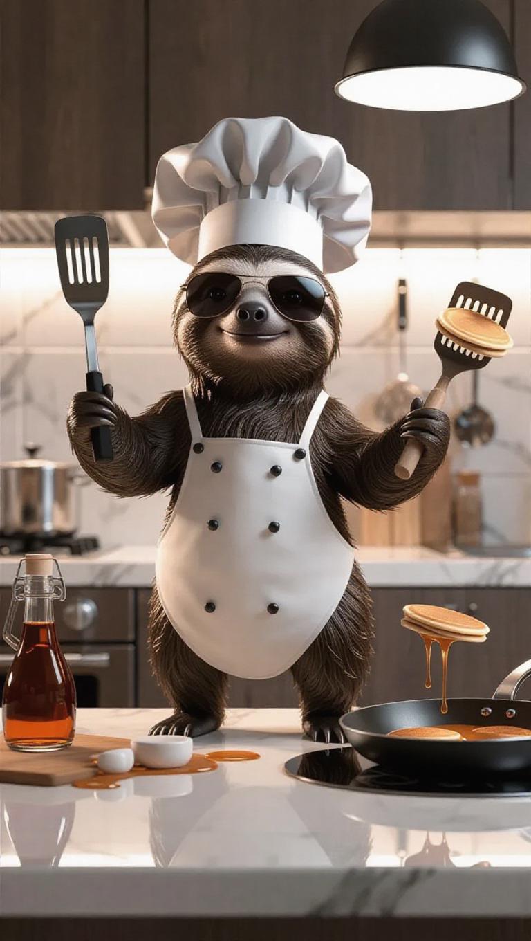A 3D sloth image wearing a chef's hat and sunglasses, standing upright ...