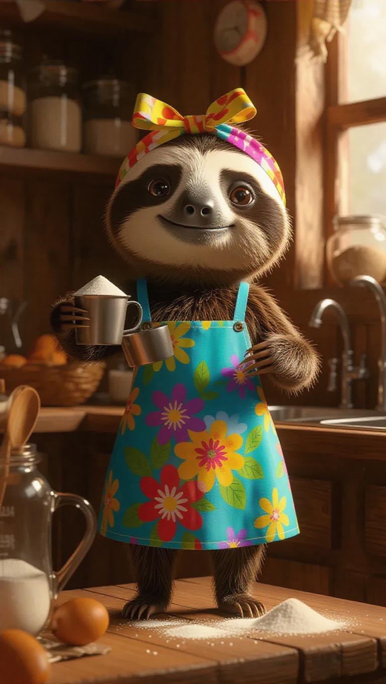 A 3D sloth image wearing a colorful apron and headband, standing ...