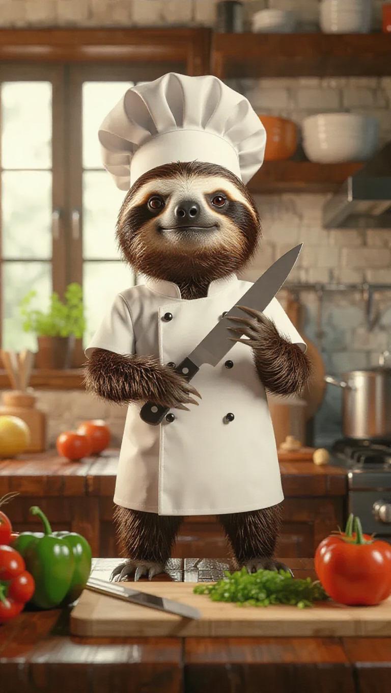 A 3D sloth image wearing a traditional chef's uniform and toque ...