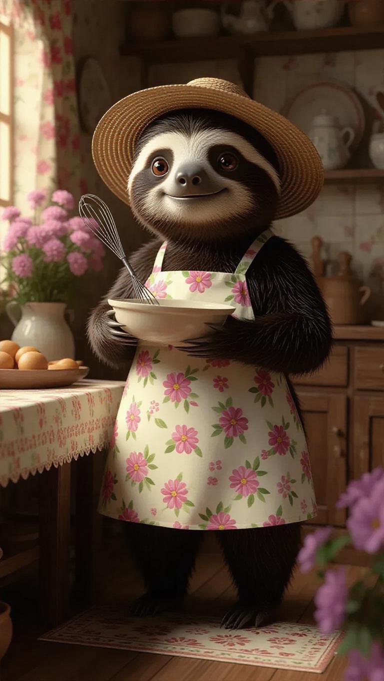 A 3D sloth image wearing a floral apron and a sun hat, standing upright ...