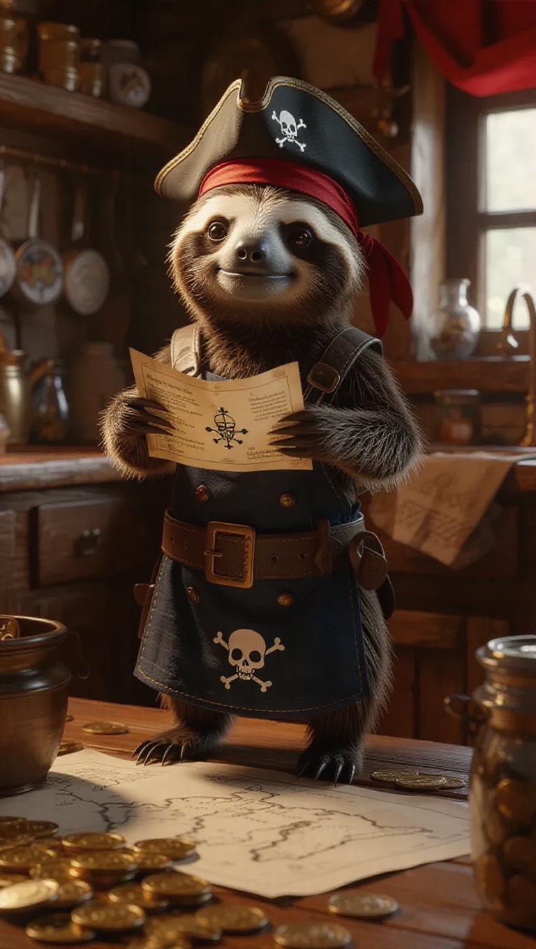 A 3D sloth image wearing a pirate's apron and a bandana, standing ...