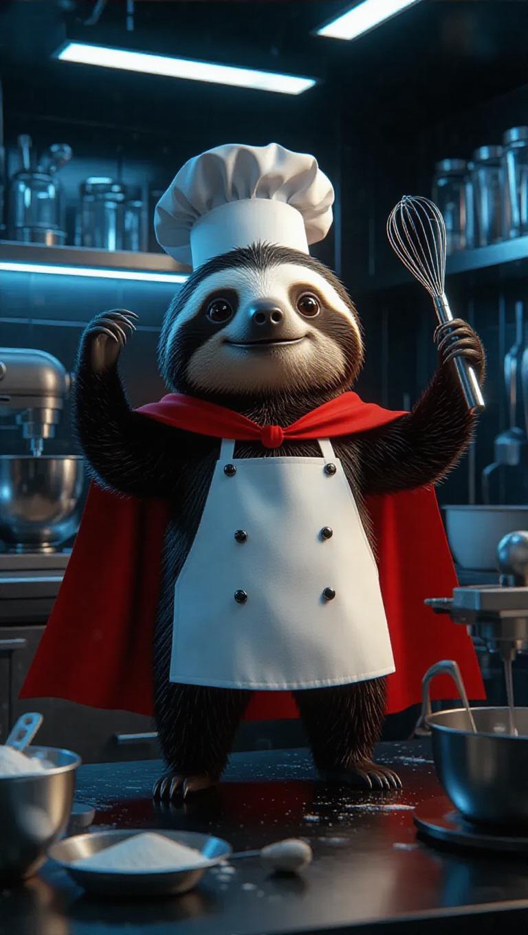 A 3D sloth image wearing a superhero cape and chef's hat, standing ...