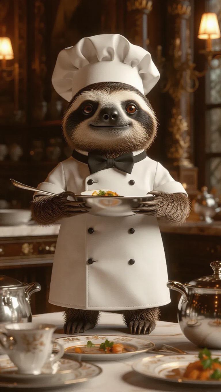 A 3D sloth image wearing an elegant chef's coat and bow tie, standing ...
