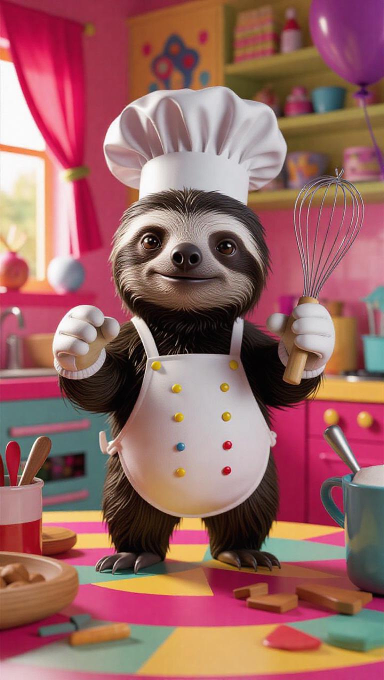 A 3D sloth image wearing a cartoonish chef's hat and oversized gloves ...